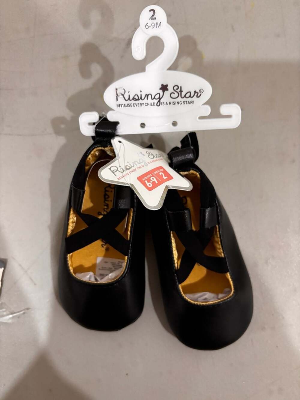 Rising Star Infant Girls Black Ballet Flats with Elastic Criss-Cross Straps